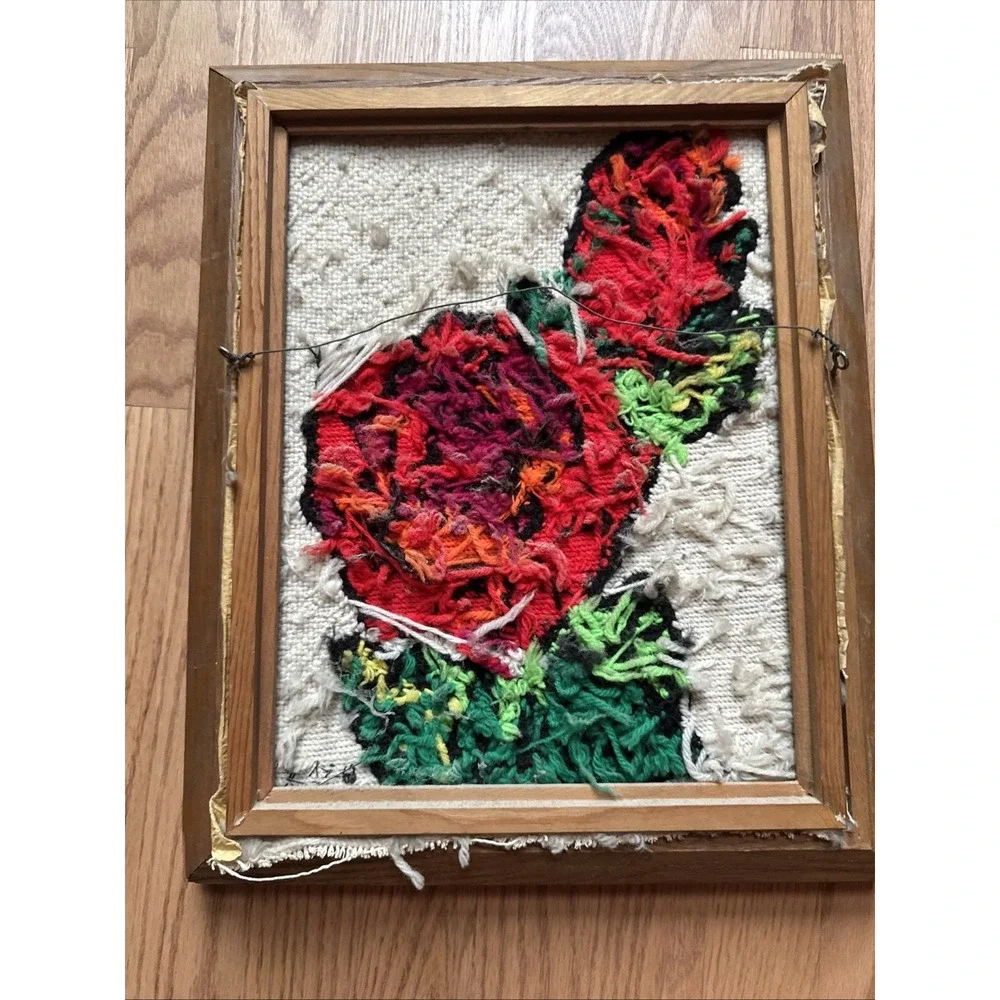 Vintage 1974 Finished Needlepoint Rose Framed Wall Art Retro 70s Punch Needle